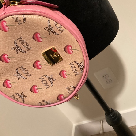 MCM Round Pink/Tan w/Cherries and Gold Chain Crossbody - Picture 8 of 16
